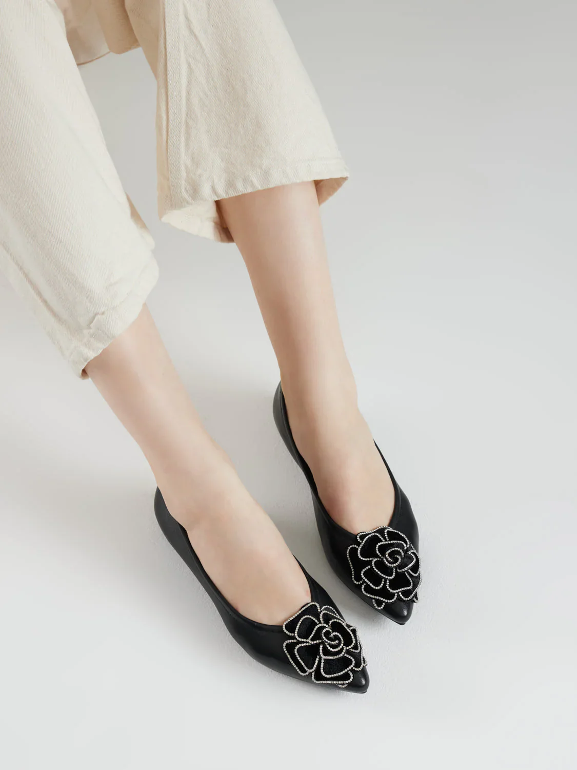 Jovena Floral Embellished Leather Pointed Flats - Image 10