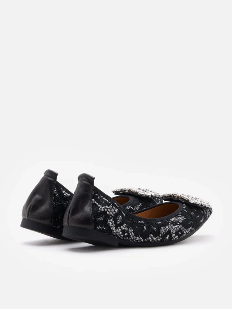 Stella Lace Diamante Buckle Foldable Flats - Image 15