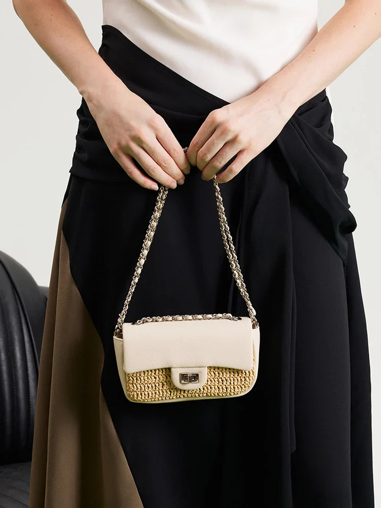 Fleur Raffia Leather Chained Crossbody Bag - Image 8